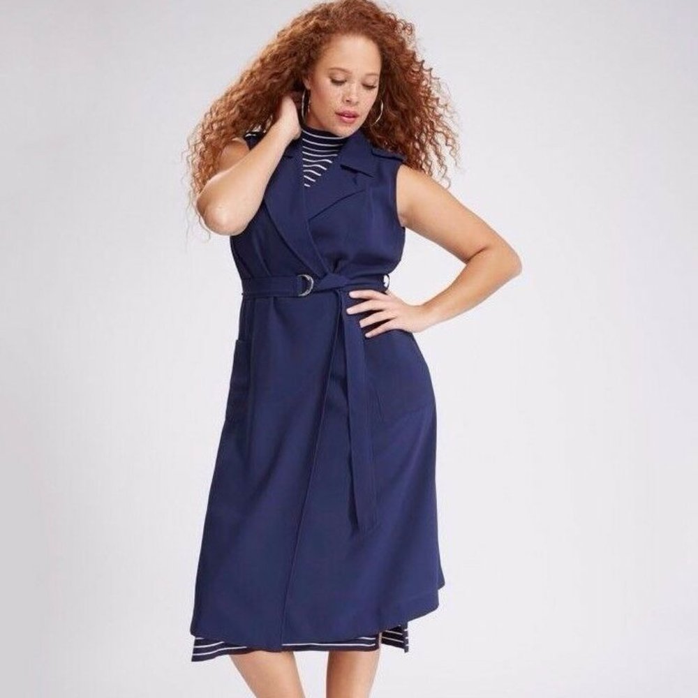 NWT Lane Bryant Sleeveless Trench Coat Navy Blue Long Tie Vest Plus Size 26/28 - Picture 1 of 8